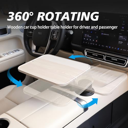 360° Rotating Wood Car Tray & Desk for Laptop - Steering Wheel Cup Holder Table, Car Accessories for Women & Men, Compatible with Tesla Model Y/3/S, Ford F150/Explorer/Maverick & Most Vehicles