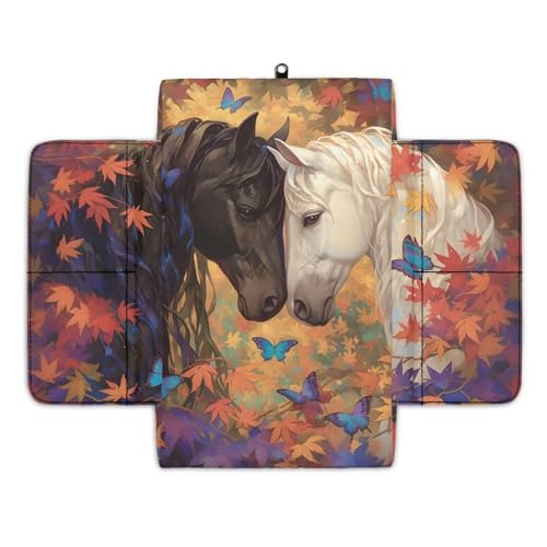 Car Center Console Cover, Autumn Horses & Butterflies Auto Armrest Cover Cushion with 4 Storage Bags,Universal Auto Interior Accessories Decoration for Most Vehicles - color: Autumn Horses & Butterflies