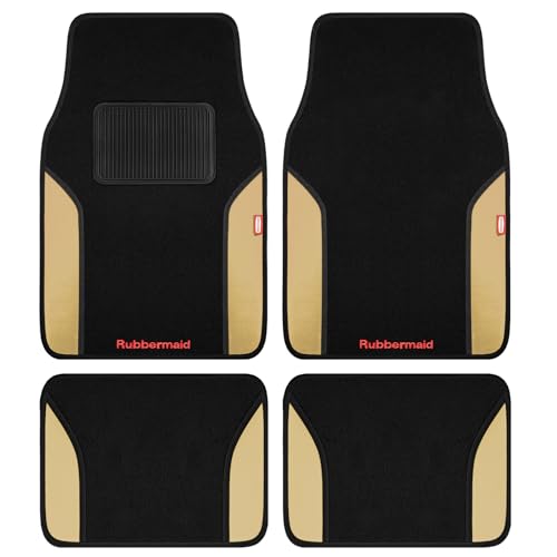 Rubbermaid Car Mats, Carpeted Floor Car Mat with Faux Leather & Built-in Heel Pad, Two-Tone Car Rug Floor Mats, Stylish Carpeted Floor Mats for Cars, Trucks & SUVs Beige Color - color: Beige