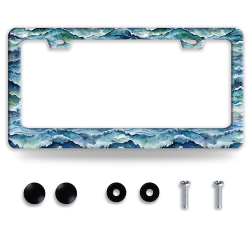 Watercolor Blue Ocean Waves License Plate Frame Wave License Plate Frames Funny Auto Accessory Stainless Steel Blue License Plate Decoration for Women Men 12 x 6 Inch - color: Watercolor Blue Ocean Waves