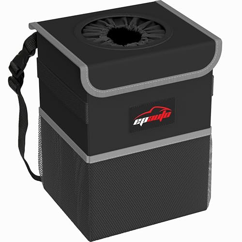 EPAuto Waterproof Car Trash Can with Lid and Storage Pockets, 2.5 Gallon, Black - color: Black