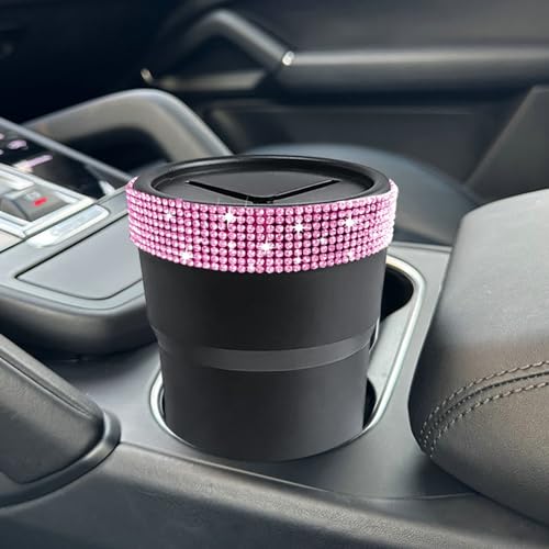 INSTOME Bling Car Trash Can with Lid，Bling Car Change Holder with Lid,Mini Trash Can Cup Holder in Console Pocket Dustbin Cans Portable for Car, Home, Office (Pink) - color: pink