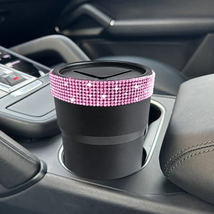 INSTOME Bling Car Trash Can with Lid，Bling Car Change Holder with Lid,Mini Trash Can Cup Holder in Console Pocket Dustbin Cans Portable for Car, Home, Office (Pink) - color: pink