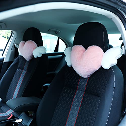 Macarrie 2 Pcs Plush Heart Shaped Pillow with Angel Wings Car Headrest Soft Comfortable Seat Pillow for Driving Travelling Room Office Car Decor, 19.7 x 8.3 Inch(White, Pink) - color: White, Pink