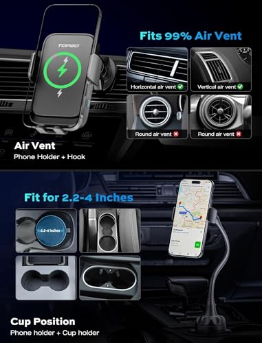 Dual Coil Cup Phone Mount Wireless Charger, Universal Cell Phone Holder, Cup Holder 15W Fast Charging for iPhone 17 16 Pro Max, Samsung Galaxy - Black - style: Wireless Charger Mount