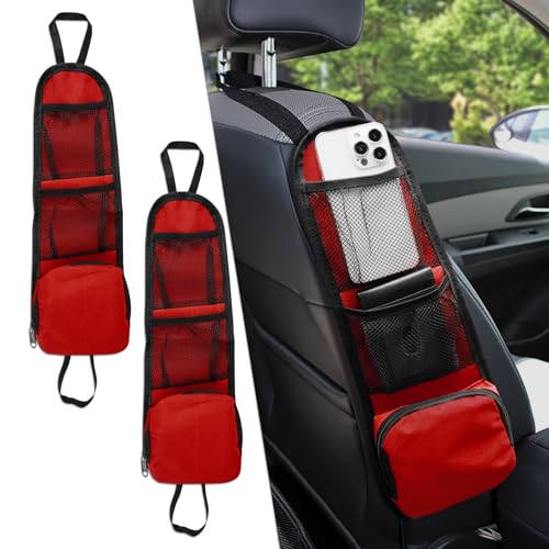 2PS Car Seat Side Organizer, Auto Seat Storage Hanging Bag, Multifunctional Vehicle Mesh Pocket Hold, Car Accessories Car Organizer Can Hold Phone, Wallet, Glasses for Most Cars - color: Red