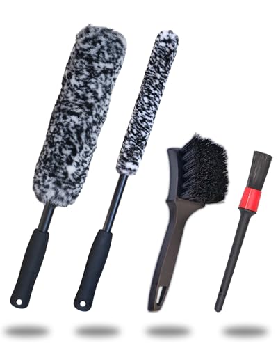 PRO Choice 4 Pack Long Handle Wheel Brush Kit for Cleaning Wheel and Tire- 2X Soft Wheel Cleaning Brush, Detailing Brush and Stiff Tire Brush - color: Grey & White