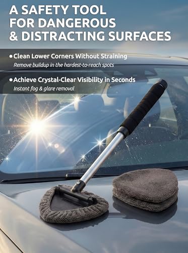 TAKAVU Car Window Cleaning Tool, Windshield Wiper Cleaner with Extendable Long-Reach Handle, 3 Washable Reusable Microfiber Bonnets, Car & Home Inside Interior Exterior Use - Lint Free (Grey) - color: Black & Grey