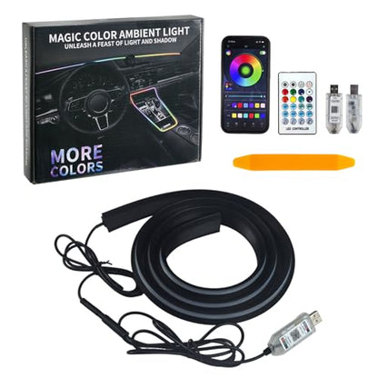 Car Dashboard LED Interior Strip Light,55''USB Powered Acrylic Neon Flexible Strip Fiber Optic LED Ambent Lighting Kits with Remote APP and Type-C Adapter(1 in 1)