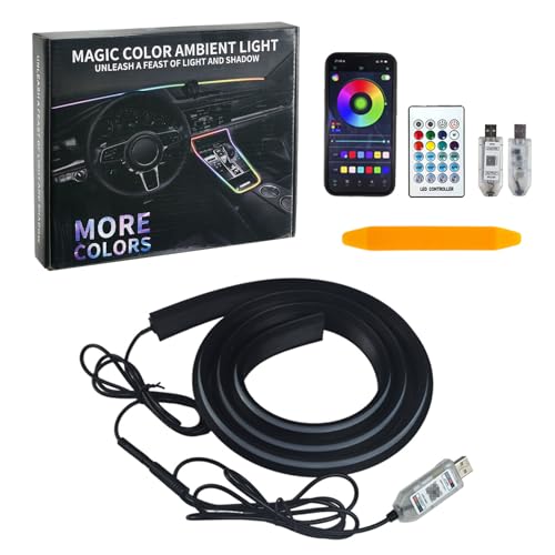 Car Dashboard LED Interior Strip Light,55''USB Powered Acrylic Neon Flexible Strip Fiber Optic LED Ambent Lighting Kits with Remote APP and Type-C Adapter(1 in 1)
