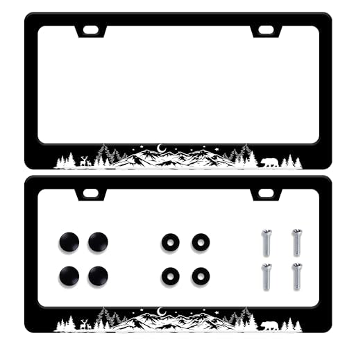2 Pack Mountains License Plate Frame Stainless Steel Car Accessories Deer Bear Forest Mountain License Plate Frames Personalized License Plate Fits Standard U.S. Vehicles for Men Women 12.2 X 6 - color: Mountain Deer Bear 2 Pack, size: One size