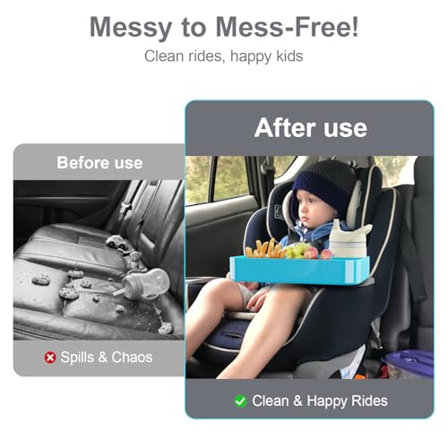Car Seat Snack Tray for Toddlers - 3 Inch Cup Holder Fits Most Sippy Cups & Straw Bottles with Dip Well, Mess-Free Square Kids Travel Tray Road Trip Essentials, Sky Blue - color: Sky Blue