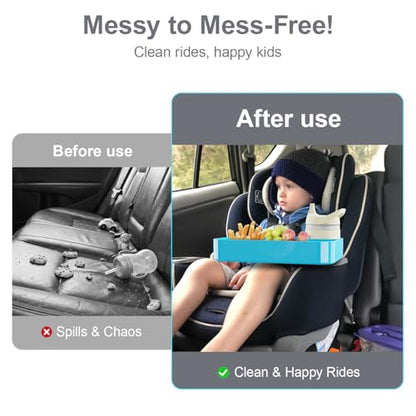 Car Seat Snack Tray for Toddlers - 3 Inch Cup Holder Fits Most Sippy Cups & Straw Bottles with Dip Well, Mess-Free Square Kids Travel Tray Road Trip Essentials, Sky Blue - color: Sky Blue