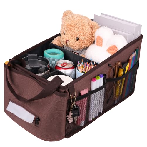 HEYSKAY Car Seat Organizer-Passenger Seat Organizer, Collapsible Small Car Seat Organizer for Console Front/Back, Car Caddy Organizer with 4pc Drink Holders Automotive Backseat Organizer for Kids - color: Brown