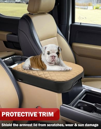 KBH Center Console Armrest Cover for F250-F550 Super Duty 2023-2026, Bucket Seat, Vinyl Leather Interior Trim, Arm Rest Lid Cushion Rrotector, Anti-Scratch, Baja Tan - color: Baja Tan