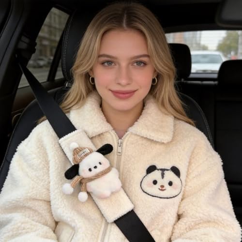2 PCS Seat Belt Cover Pad, Cute Kawaii Animal Dog Seatbelt Covers for Kids and Adults, Winter Plush Fluffy Soft Seat Belt Cover, Cartoon Seatbelt Cushion,Car Seat Strap Pads (G-Dog(Khaki)) - color: G-Dog(Khaki)