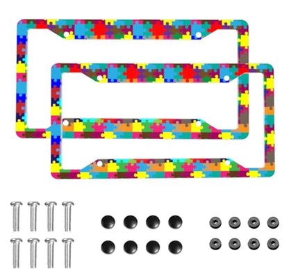 Colourful Autism Puzzle License Plate Frame 2 Pack License Plate Holder Universal Aluminum License Plate Cover Car Accessories for Men Women - color: Colourful Autism Puzzle