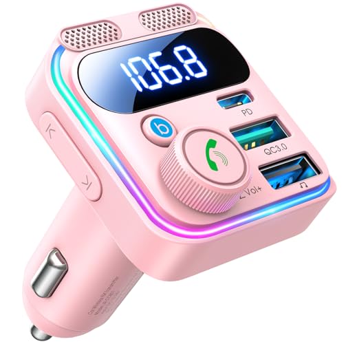 JOYROOM Bluetooth 6.0 Car Adapter FM Transmitter 81W Fast Charging Cigarette Lighter Hands-Free Calling Support USB Drive, Pink - color: Pink