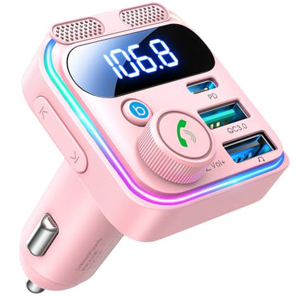 JOYROOM Bluetooth 6.0 Car Adapter FM Transmitter 81W Fast Charging Cigarette Lighter Hands-Free Calling Support USB Drive, Pink - color: Pink
