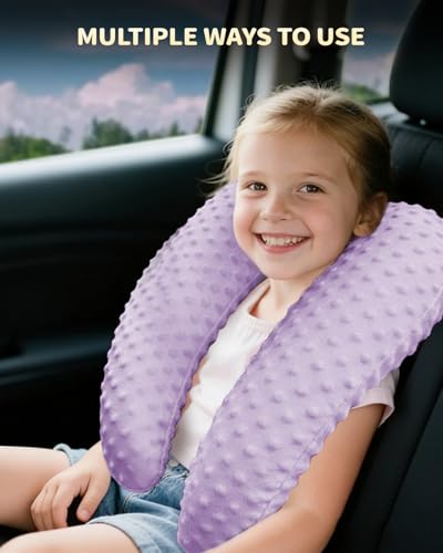Memory Foam Kids Travel Pillow, Car Pillow for Kids, H-Shape Car Pillows for Sleeping, Removable Pillowcase, Adjustable, Velvet Dots, Purple - color: Velvet Dots Purple