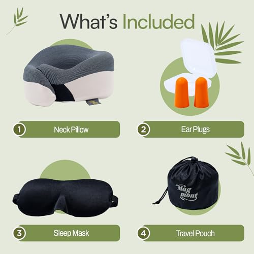 Neck Pillow for Traveling - Bamboo Charcoal Memory Foam with 360° Chin Support for Airplane, Soft & Breathable, Seamless Design, Removable Cover, Travel Accessories Included