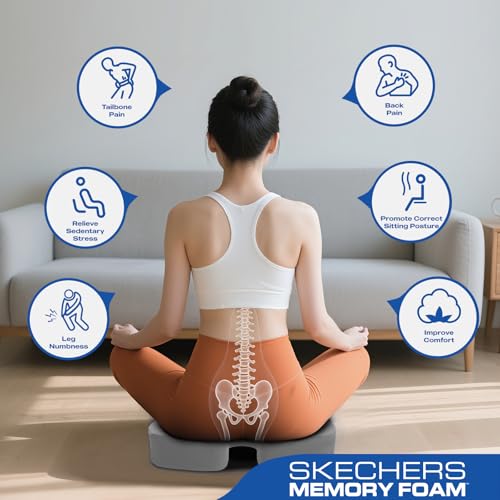 Skechers Seat Cushion, Ergonomic Memory Foam Cushion for Long Sitting Hours on Office & Home Chair, Car Seat Cushion for Sciatica, Coccyx Cushion,Gray - color: Gray