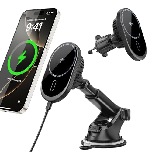 A2C for MagSafe Car Mount Charger, QI2 15W Wireless Car Charger with Dual Cooling Tech, Magnetic Car Charger for iPhone 17 16 15 14 13 12, Dash+Windshield+Vent Mount, PD 30W Adaptor Included