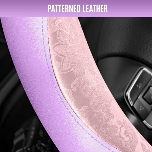 PIC AUTO Steering Wheel Cover, Pink Patterned & Light Purple Leather Patchwork Design, Universal Fit 14.5"–15.5", Anti-Slip, Soft PU Grain Leather, Durable Grip Car Accessory for Girls & Women - color: Pink & Light Purple