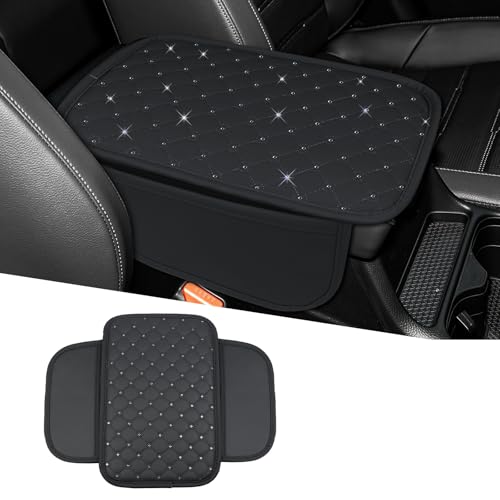 wuyaoyao Bling Car Center Console Cover, 11.81"×7.87" Leather Auto Arm Rest Cover Protector with 2 Storage Bags, Vehicle Crystal Rhinestone Armrest Cushion Pad, Interior Car Accessories (Black) - color: Black
