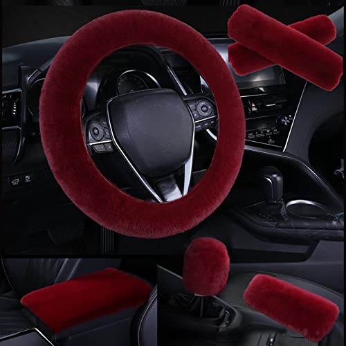 1 Set 6 Pcs Fluffy Car Steering Wheel Cover & Seat Belt Shoulder Pads & Handbrake Cover & Gear Shift Cover Set & Seat Belt Shoulder Pads Faux Wool Universal Fit Car Interior Accessories (Wine Red) - color: Wine Red