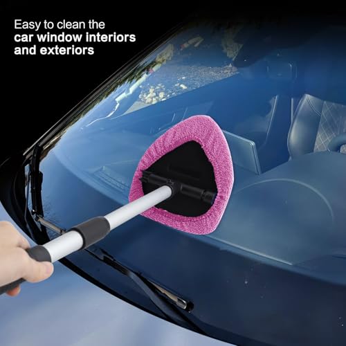 Windshield Cleaner Tool 22.5" L - Car Interior&Exterior Window Cleaning Kit with Extendable Handle&4 Microfiber Pads and Thick Large Wash Sponge, Auto Glass Wiper Brush Kit for Cars Home (7pcs Pink) - color: Pink