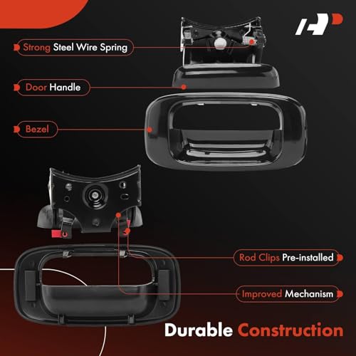 A-Premium - Smooth Black Tailgate Handle Latch and Bezel Trim with Rod Clips - Compatible with Chevy & GMC Models - Silverado Sierra 1500 2500 3500-1999-2007 - Replace# 15997911, 15228539, 15228541 - color: Smooth Black, size: Tailgate Handle & Bezel