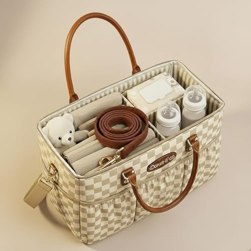 DOKUS & CO Luxe Diaper Caddy Organizer, Extra Large Collapsible Nursery Storage Tote for Baby Essentials & Travel - color: Beige Checkered