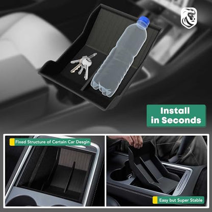YHTAUTO Center Console Organizer Tray Fit for Tesla Model 3 2021-2023 Model Y 2021-2024, TPE Center Control Console Lower Bottom Storage Box with Non-slip Armrest - Black - color: Center Console Lower Bottom