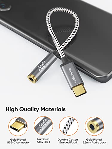 CableCreation USB C to 3.5mm Audio Adapter, Type C to Headphone Adapter, USB C to Aux 24bit/96kHz HiFi DAC Cable for iPhone 16 15 Pro Max/15 Pro/15 Plus, iPad, Galaxy S24 S23 Ultra, Pixel 9, 0.33 ft - style: USB C+3.5mm Audio (1-Port)
