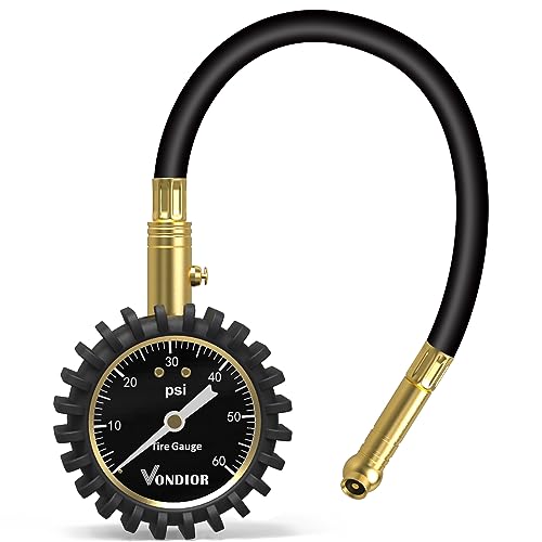 Vondior Tire Pressure Gauge with Tube (0-60 PSI), Air Pressure Gauge Certified ANSI Accurate with Large Easy to Read Glow Dial, Tire Pressure Gauge for Car Trucks Bicycle Tires - color: Black Tire Gauge w/ Tube, size: 0-60 PSI