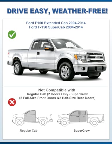 Out-Channel Window Rain Guards Fit for 2004-2014 Ford F150 Extended Cab&SuperCab, Extra Durable Window Visors Vent Visors Vent Shades Wind Deflector Dark Smoke Car Tape-on with Thicker 4PCS - size: 2004-2014 Ford F150 Extended Cab & SuperCab