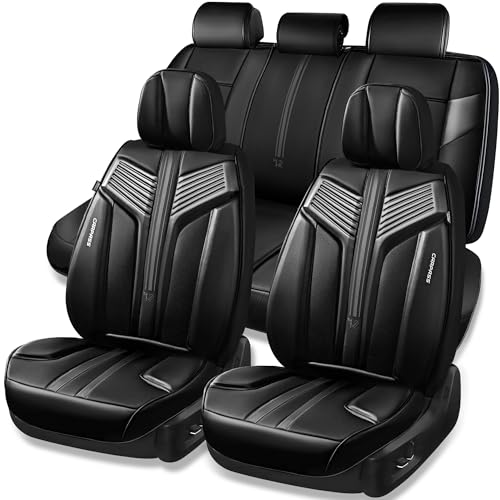 CAR PASS Nappa Leather Seat Covers for Cars, Luxury Waterproof Seat Covers Full Set, 5 Seats Universal Car Seat Protectors, Breathable Car Seat Covers Fit for Most Cars SUV Truck Sedan Automotive - color: Black Charcoal, size: Full Set Full Coverage
