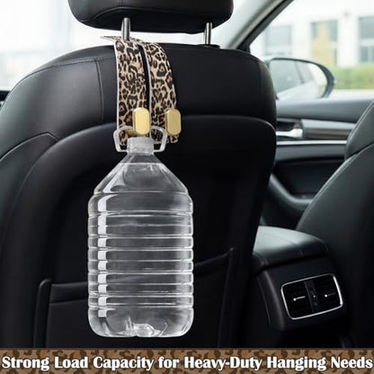Silkfly 4 Pcs Leopard Print Car Seat Back Hooks, Brown Cheetah Car Headrest Hooks Metal & Leather Multi-Function Storage Double Hanger for Purse Handbags Phone Organizer Accessories Gift