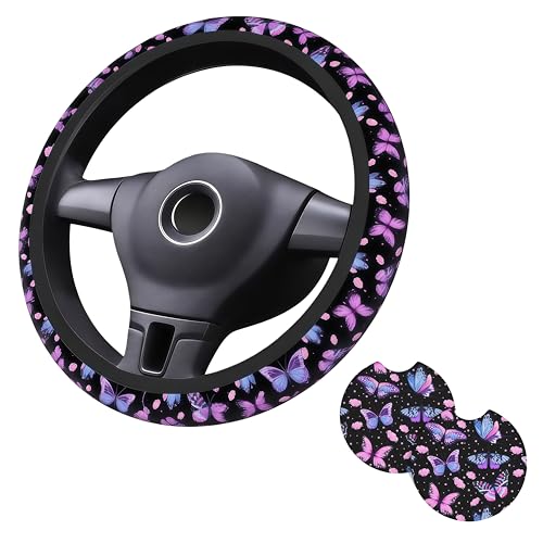Purple Butterfly Steering Wheel Cover - Beauty Butterfly Wheel Cover Anti-Slip Breathable Universal for 15 Inch Car Steering Wheel Cover with 2 Pieces Car Coasters Suitable for Men Women - color: Butterfly 2