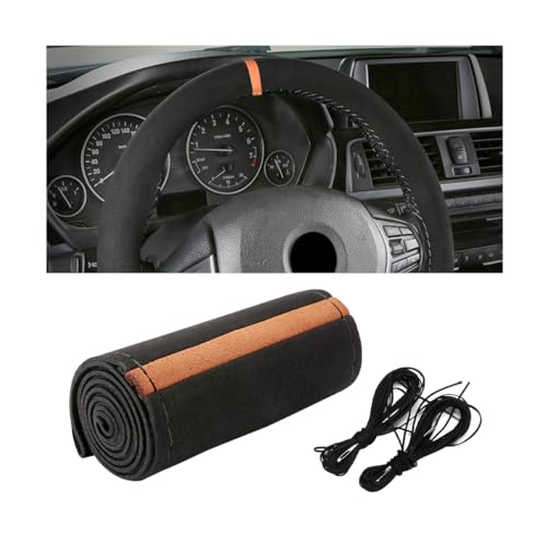 Car Steering Wheel Cover, Stitch On Full Surround Soft Suede Steering Wheel Wrap Guard with Needle & Thread, Comfortable Grip Auto Interior Accessories, Universal for Vehicle (Black/Brown) - color: Black/Brown