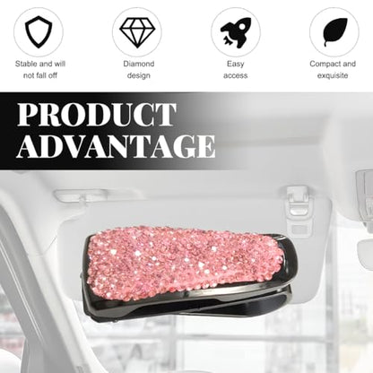 Wevdn 2 PCS Car Sun Visor Glasses Holder, Fashion Bling Car Eyeglasses Sunglasses Hanger for Women Girls, Glasses Holder Clip Hanger Mount with Ticket Card Clip, Car Accessories (Pink) - color: Pink