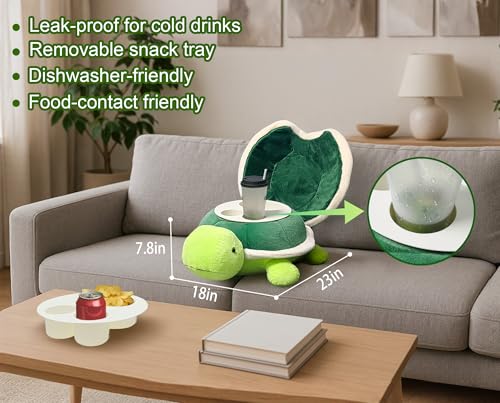 Couch Cup Holder Pillow Tray & Caddy,Headrest and Giant Turtle Stuffed Animal-For Sofa, Bed, Car，Camping, Double Smooth zippers for the shell, soft plush.Spill-Proof Machine Washable tray (23inches）
