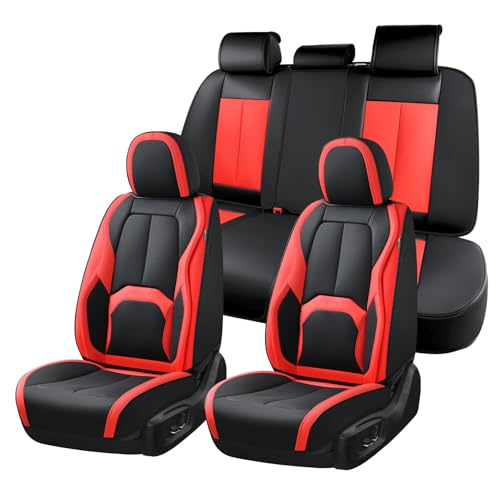Coverado Leather Seat Covers Full Set, Black and Red Leather Car Seat Cover, Waterproof Car Seat Protector with Lumbar Support, Automotive Seat Covers Universal Fit for Most Cars SUV Truck - color: A-Patchwork-Black&Red, size: Fullset