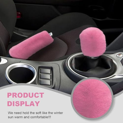 5PCS Fluffy Car Steering Wheel Cover Set, Includes Faux Fur Gear Shift Cover & Handbrake Cover & Steering Wheel Protector & 2 Seat Belt Shoulder Pads, Winter Fuzzy Warm Car Accessories (Pink) - color: Pink