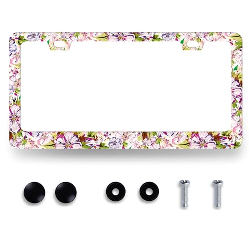 Beautiful Pink Floral License Plate Frame Abstract Flowers License Plate Holders Colorful Stainless Steel Car Bracket 2 Hole with Screws Universal Auto Accessory License Plate Frames 6.2x12.2 Inch - color: Beautiful Pink floral Flowers