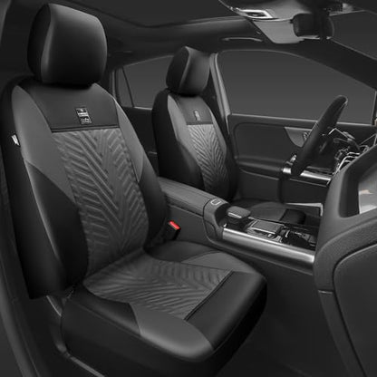 CAR PASS Faux Leather Car Seat Covers, 3D Tyre Embossed Waterproof Universal Fit 5 Seat Covers for SUV, Automotive Truck, Scratch Proof, Airbag Compatible (Deluxe Full Set,Black Gray) - color: Black Gray