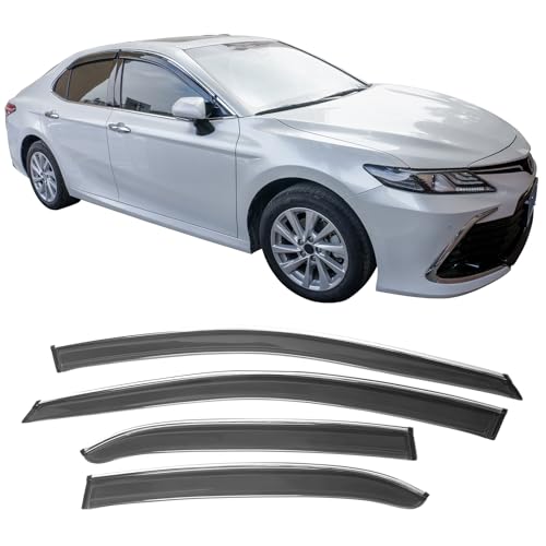 IKON MOTORSPORTS Tape on Window Visors with Chrome Trim, Compatible with 2018-2024 Toyota Camry, Smoke Tinted Acrylic Rain Sun Guard Shade Wind Vent Air Deflector - color: Slim Style With Chrome Trim