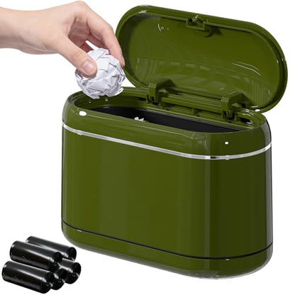 PAVSTINE Mini Trash Can for Desk with 5 Rolls of Trash Bags, Small Press-Top Countertop Garbage Bin, Removable Waste Basket for Bedroom, Vanity, Coffee Table, Kitchen (Green Full-Lid) - color: Green Full-Lid