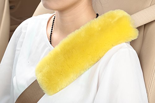 U&M 2 Pack Genuine Sheepskin Auto Seat Belt Cover for Adult Youth Kid Toddlers -Soft Warm Car, Truck, SUV, Camera Backpack Strap Shoulder Pad Wool Fluffy - color: Yellow
